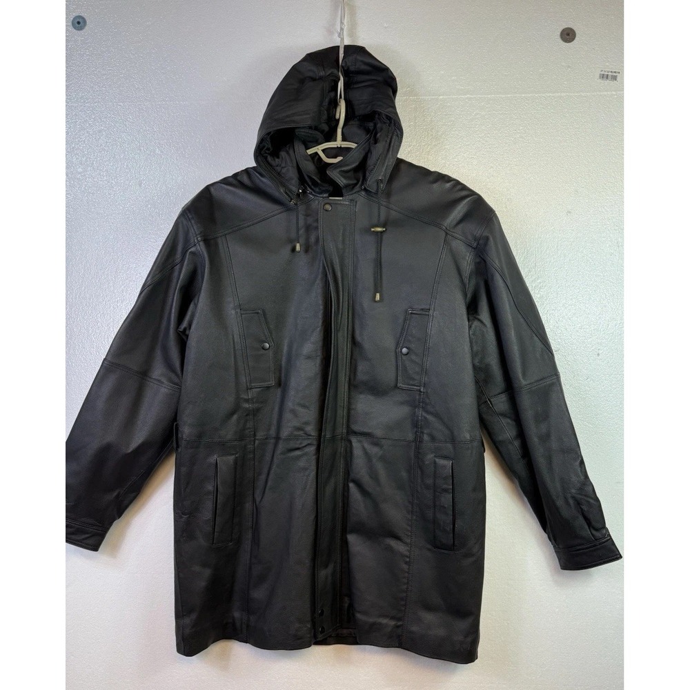 Charles Klein Black Leather Overcoat Mens XLT Insulated Removable Hood‎ Office